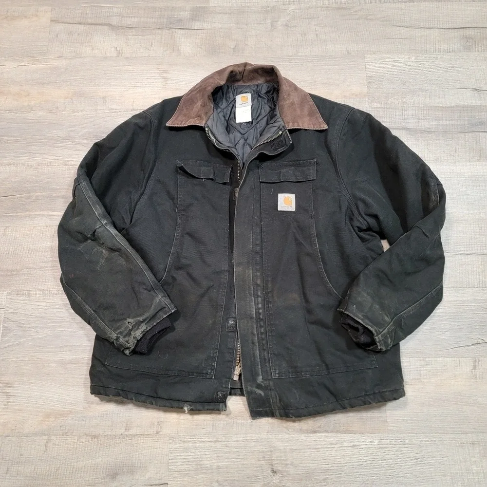 Carhartt Arctic Jacket Quilted Sz 48 Black Corduroy Collar Canvas Distressed Y2K